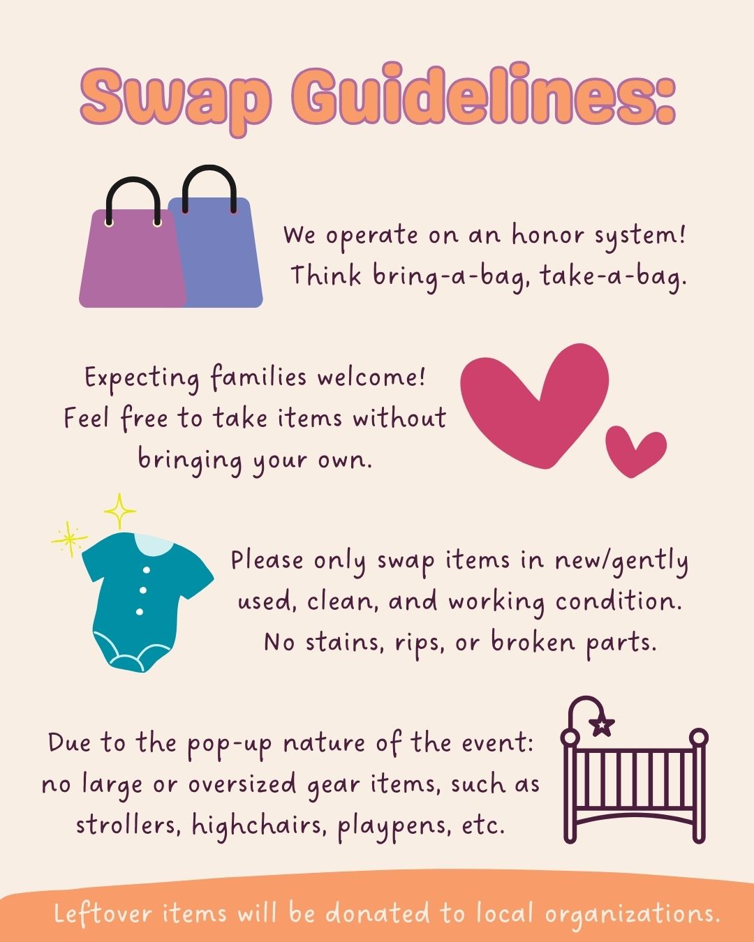 Kids Clothing Swap guidelines including accepted condition, honor system, and oversized item restrictions