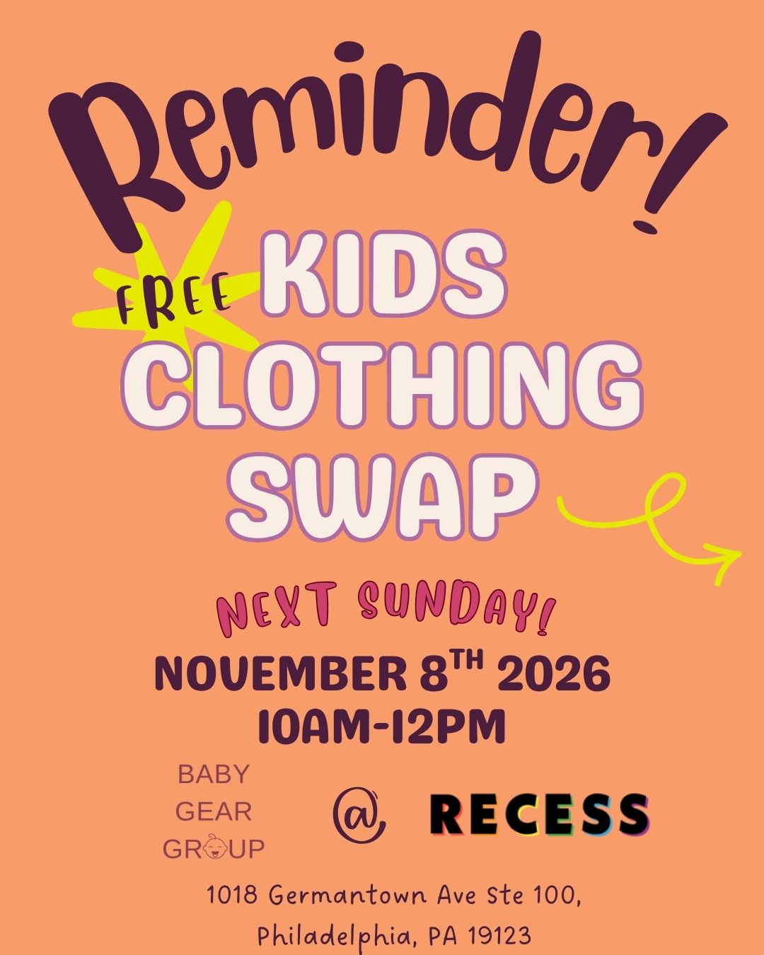 Reminder for the free Kids Clothing Swap on November 8, 2026 from 10 a.m. to noon at Recess