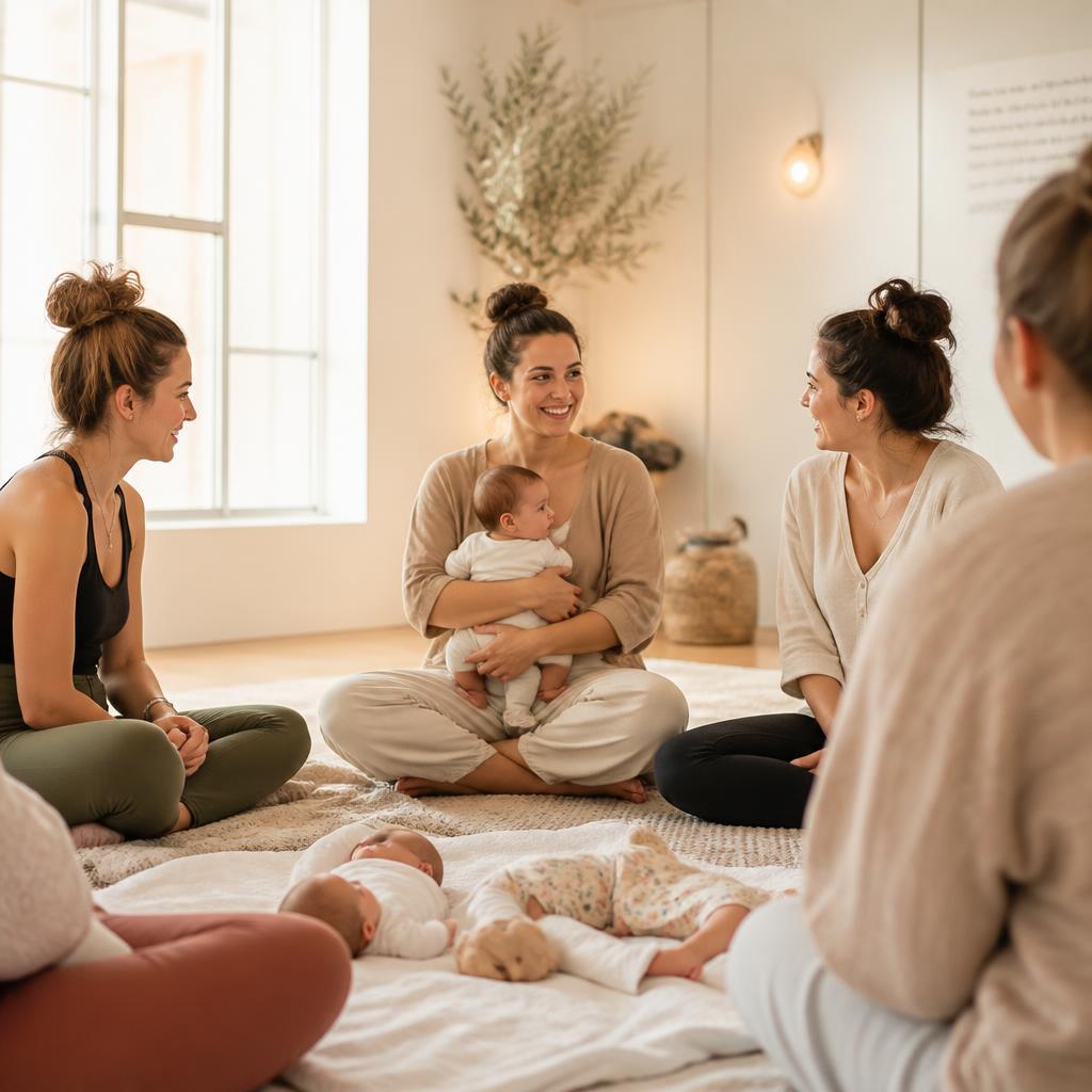New mothers sitting in a circle with their babies during a postnatal class